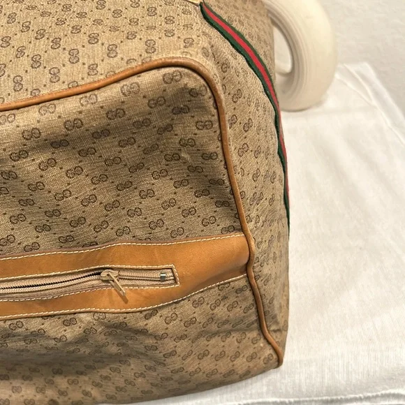Gucci Duffle Bag GG Logo Canvas Brown Leather Trim Folding Travel Carry On - Picture 5 of 13